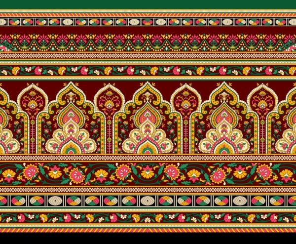 Solar-Magenta & Obsidian-Maroon Mughal Architectural Frieze