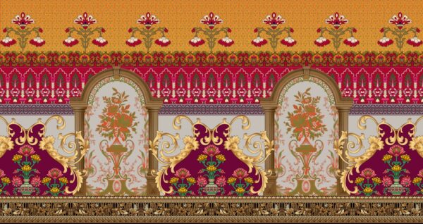 Solar-Magenta & Amber-Ochre Mughal Pillar Frieze