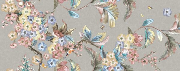 Parchment-Grey & Soft-Pastel Chinoiserie Botanical Canvas