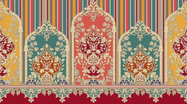 Solar-Coral & Multi-Stripe Mughal Court Frieze