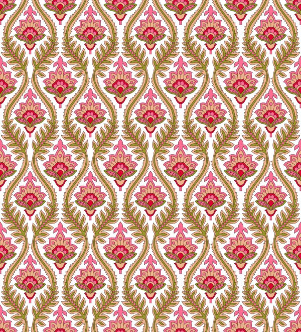 Solar-Magenta & Olive-Green Mughal Ogee Trellis