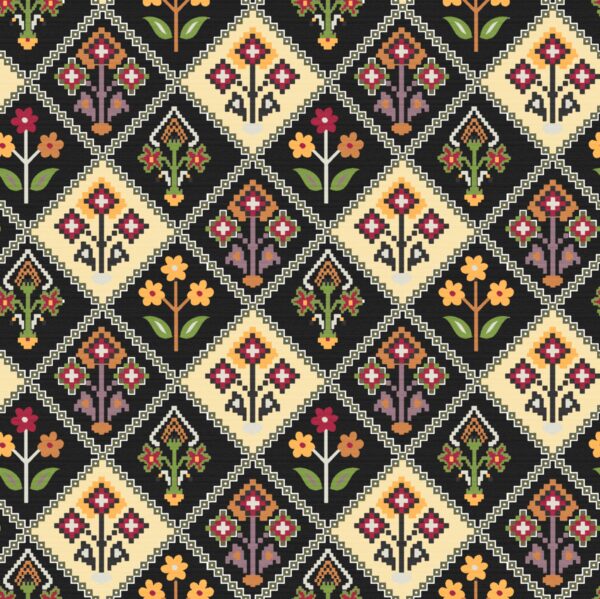 Obsidian-Black & Cream Patola Geometric Grid