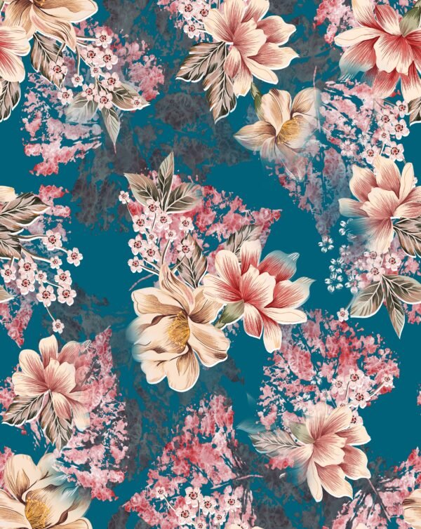 Teal-Obsidian & Rose-Quartz Textured Botanical Chintz