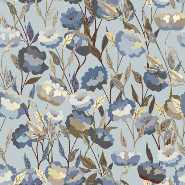 Misty-Slate & Steel-Blue Fine Art Chintz Meadow